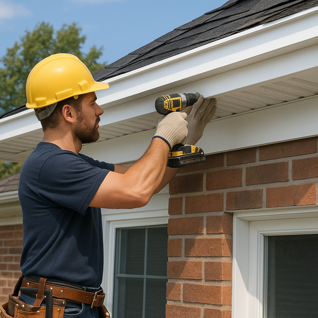 Contractor inspecting a house roof edge and fascia